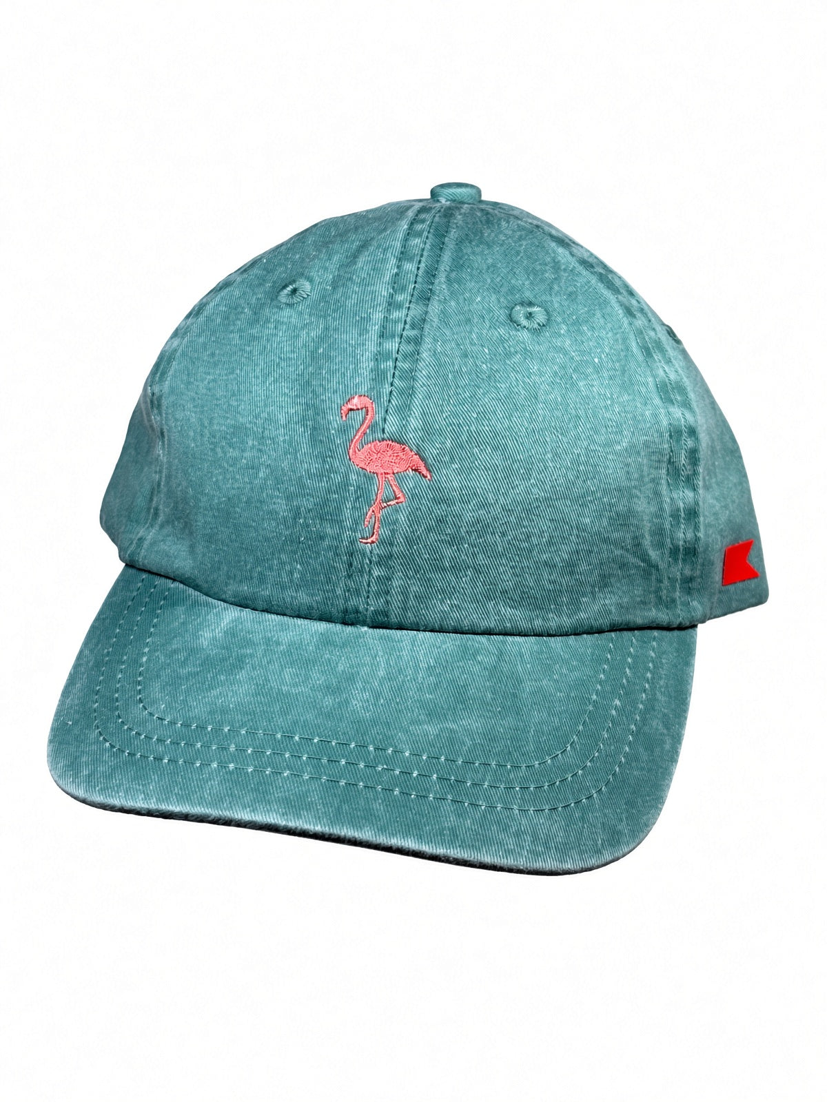 Bravo Cay Kids Collection youth hat in forest green with embroidered flamingo design in coral