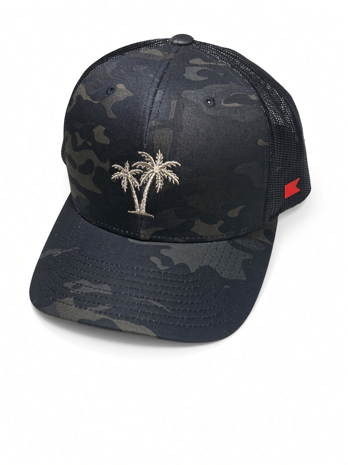 Bravo Cay hat in dark camo with 2 palm embroidery design