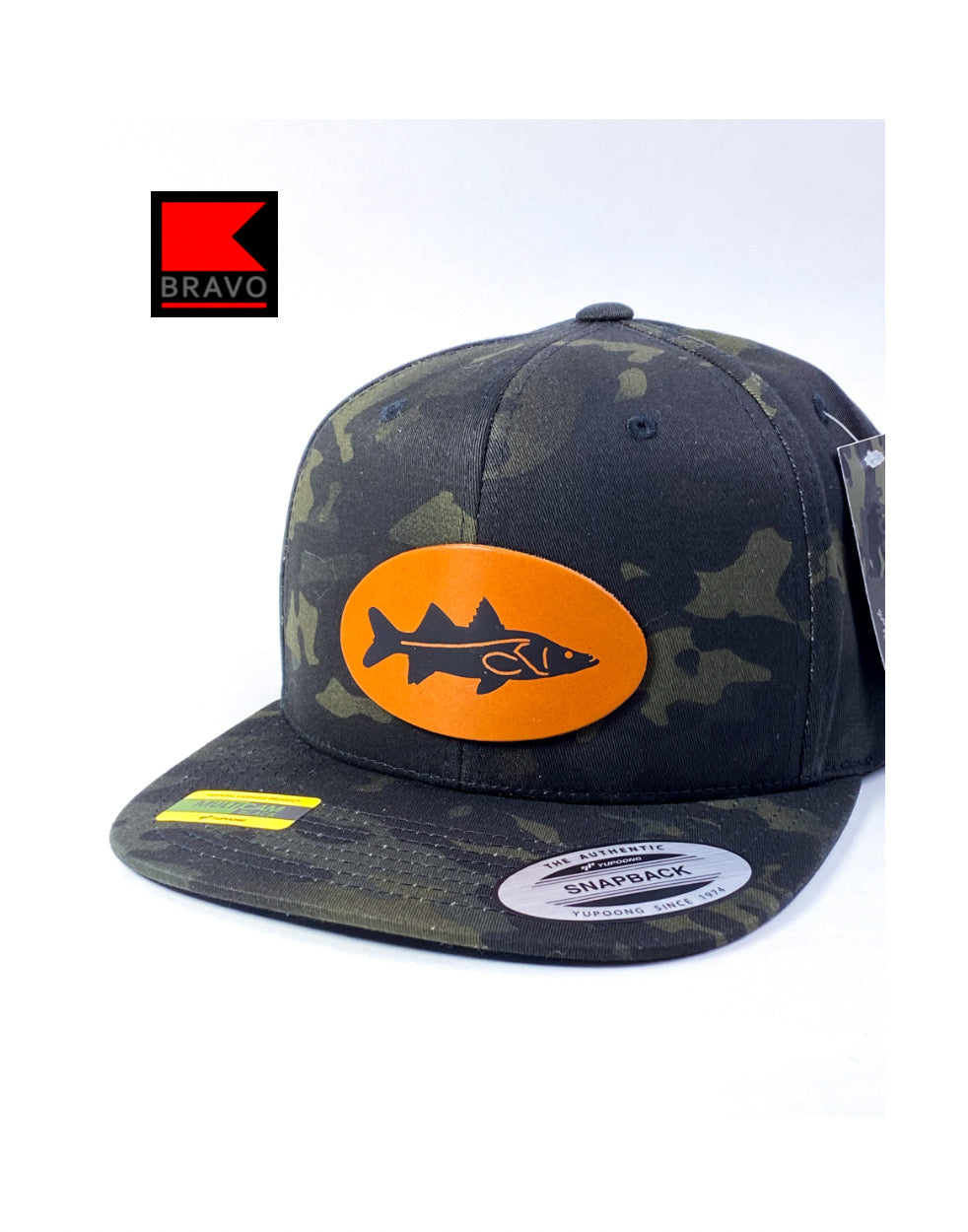 Bravo Cay hat in dark camo with snook design leather patch