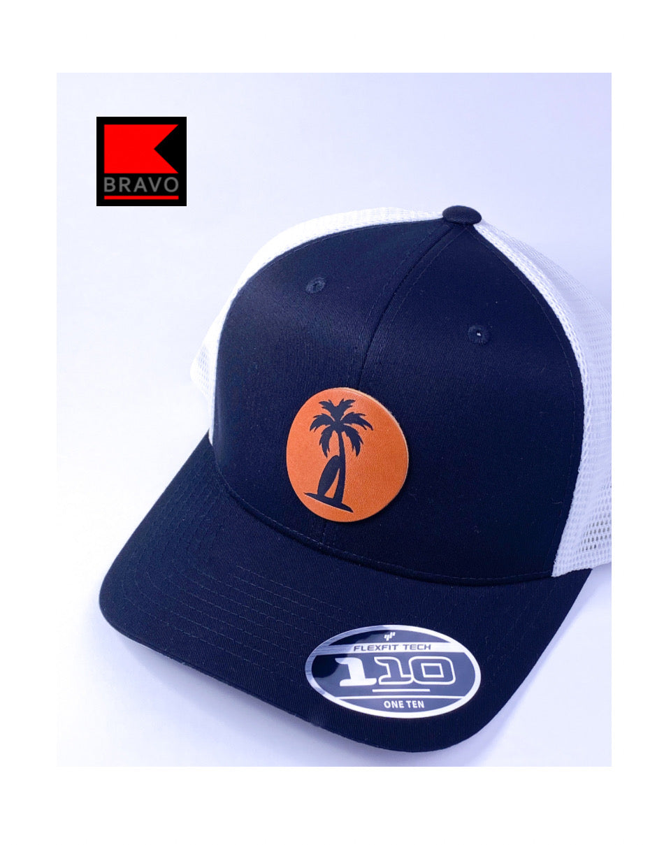 Bravo Premium hat in black/white with surf palm design leather patch