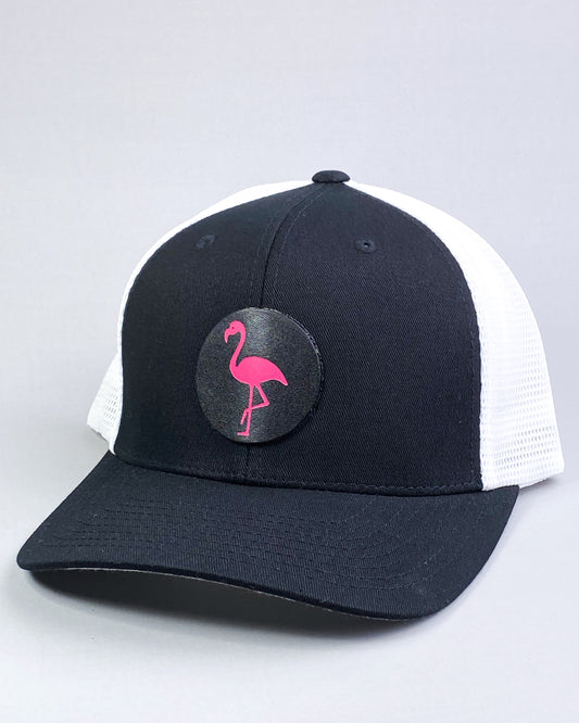 Bravo Premium hat in black/white with flamingo design leather patch