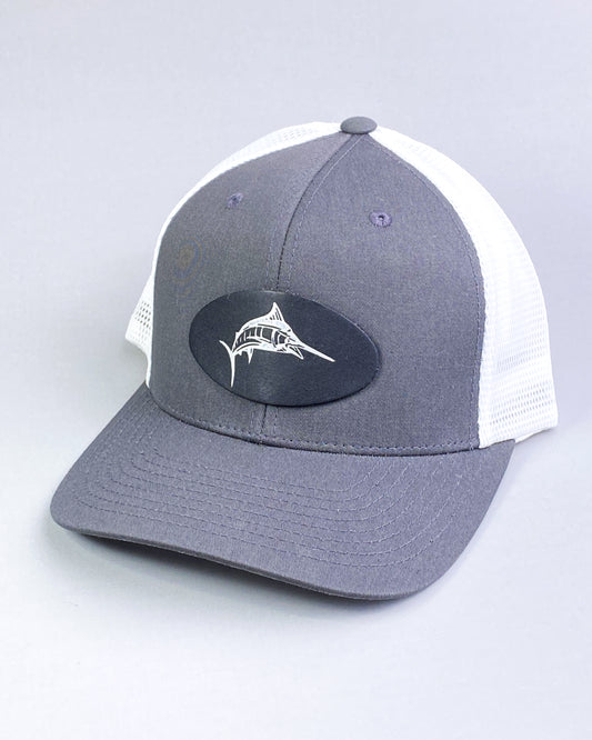 Bravo Premium hat in charcoal/white with marlin design leather patch