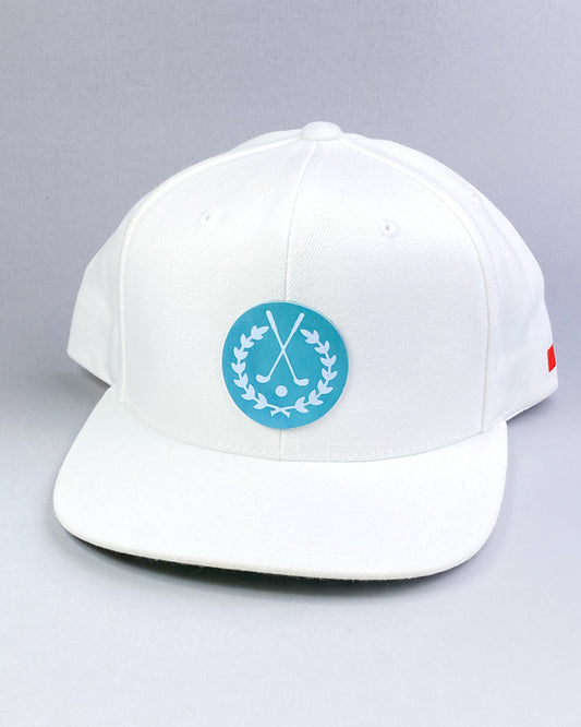 Bravo Premium hat in white with golf themed design leather patch