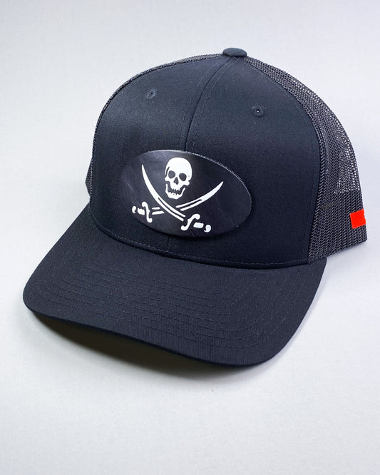 Bravo Premium hat in black with pirate themed design leather patch
