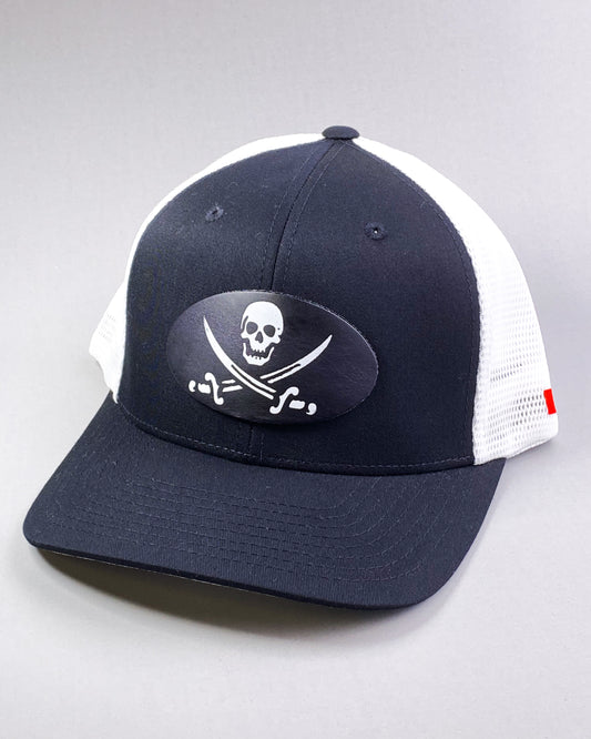 Bravo Premium hat in black/white with pirate themed design leather patch