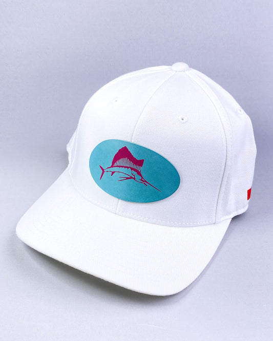 Bravo Premium hat in white with sailfish design leather patch