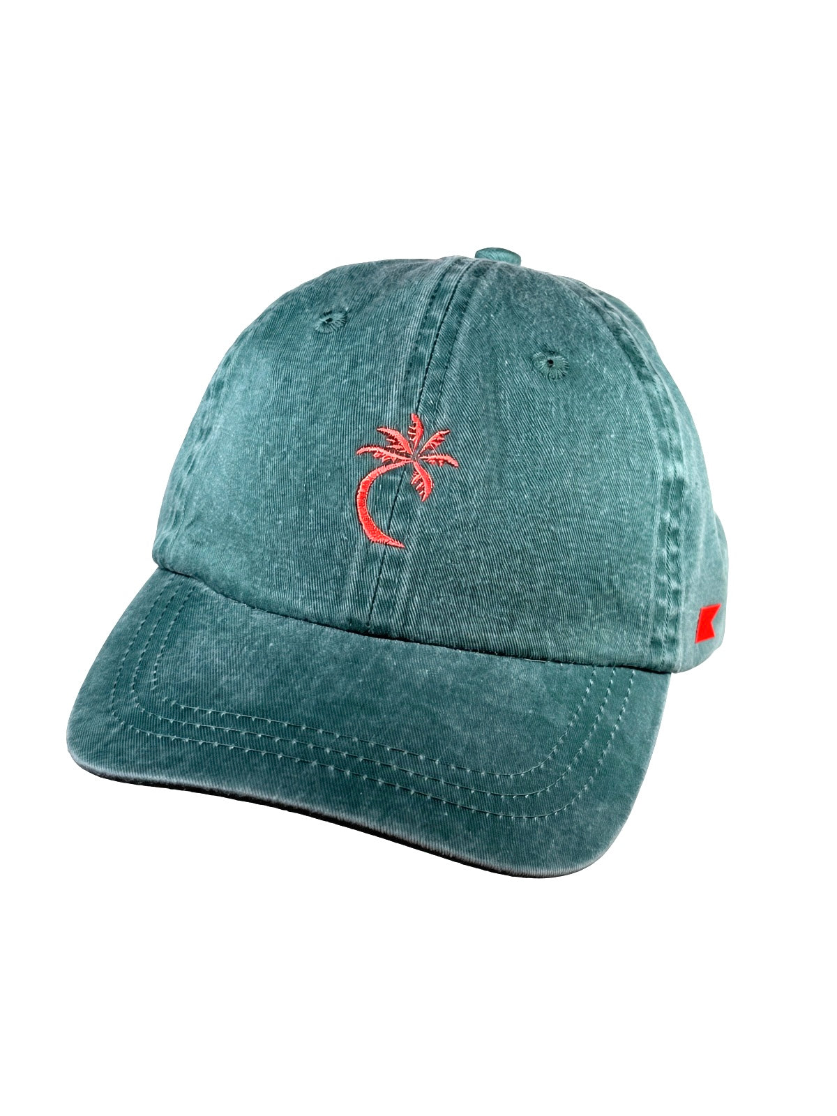 Bravo Cay Kids Collection youth hat in forest green with embroidered 1 palm design in coral
