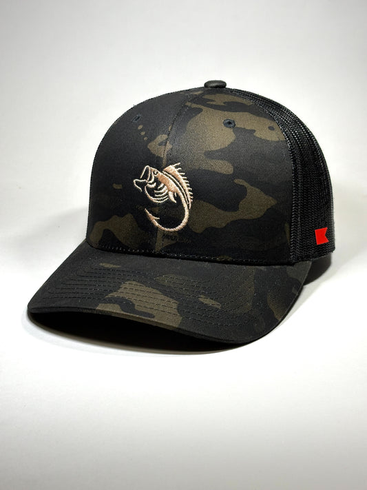 Bravo Cay hat in dark camo with bass themed embroidery
