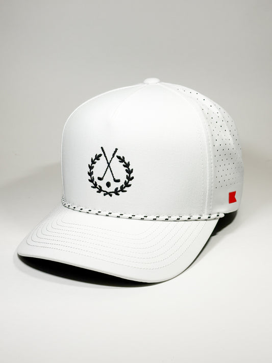 Bravo Cay rope trim hat in white with golf themed design embroidered in black