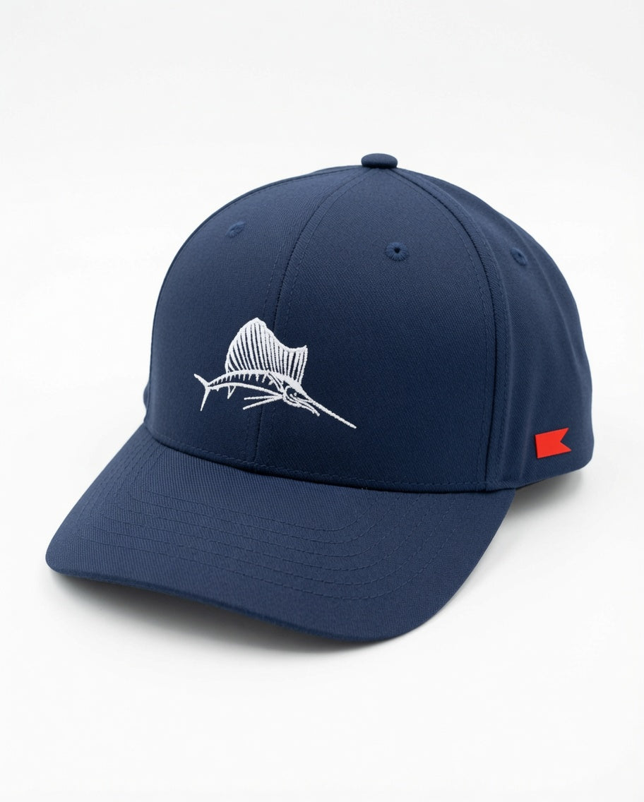 Bravo Cay hat in navy blue with sailfish design embroidered in white