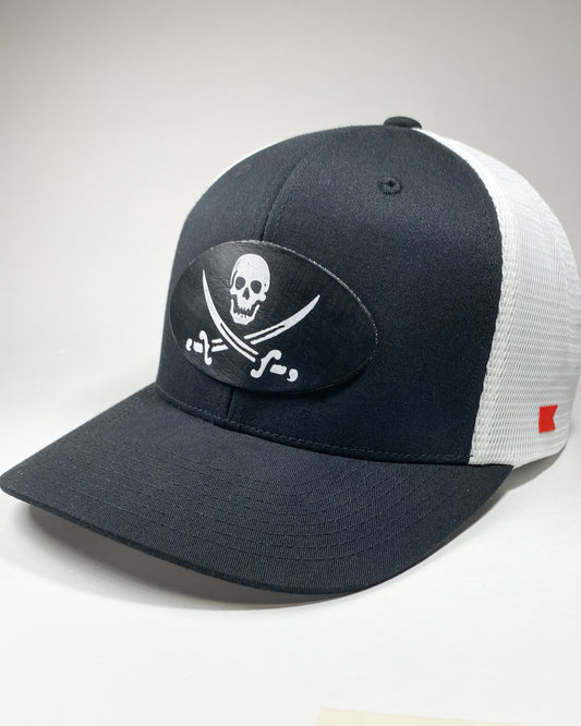 Bravo Cay hat in black/white mesh with pirate themed design leather patch