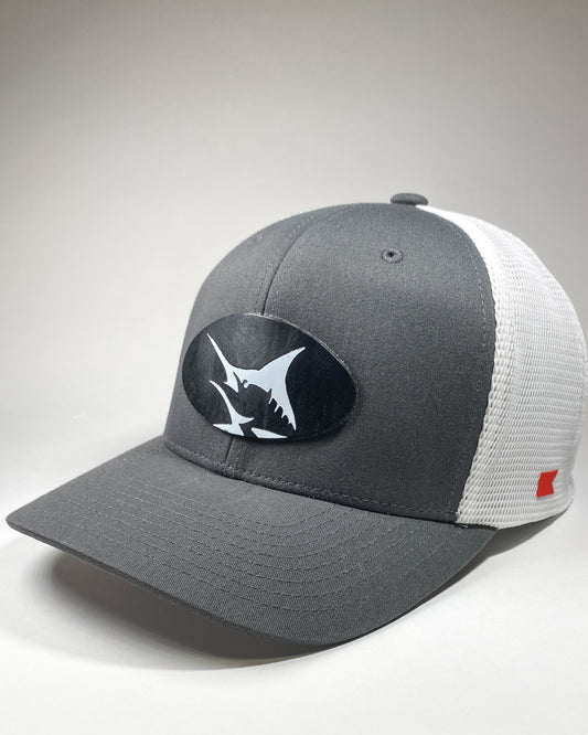 Bravo Cay hat in charcoal/white mesh with marlin themed design on black leather patch
