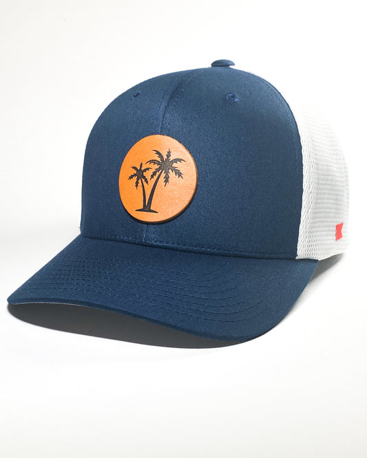 Bravo Cay hat in navy blue/white with 2 palm design leather patch