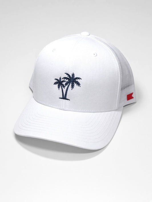 Bravo Cay hat in white with 2 palm  navy blue embroidery design