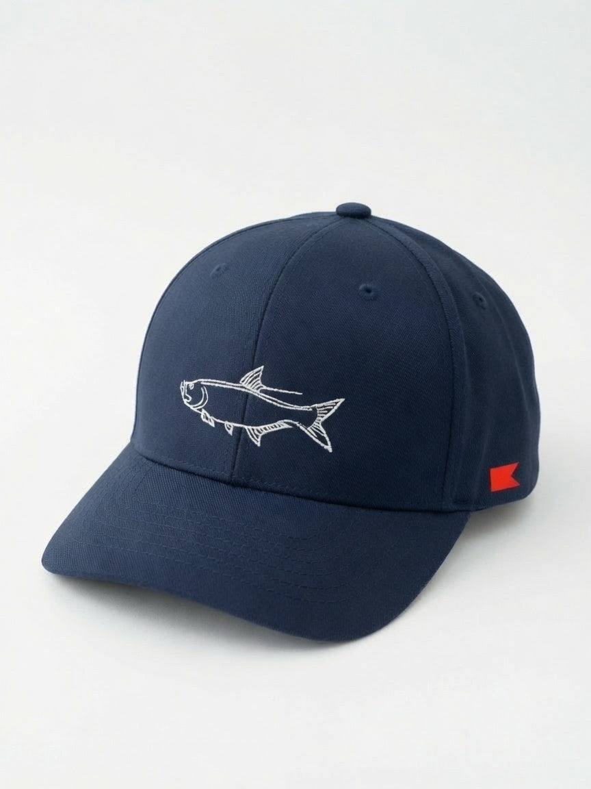 Bravo Cay hat in navy blue with tarpon design embroidered in white