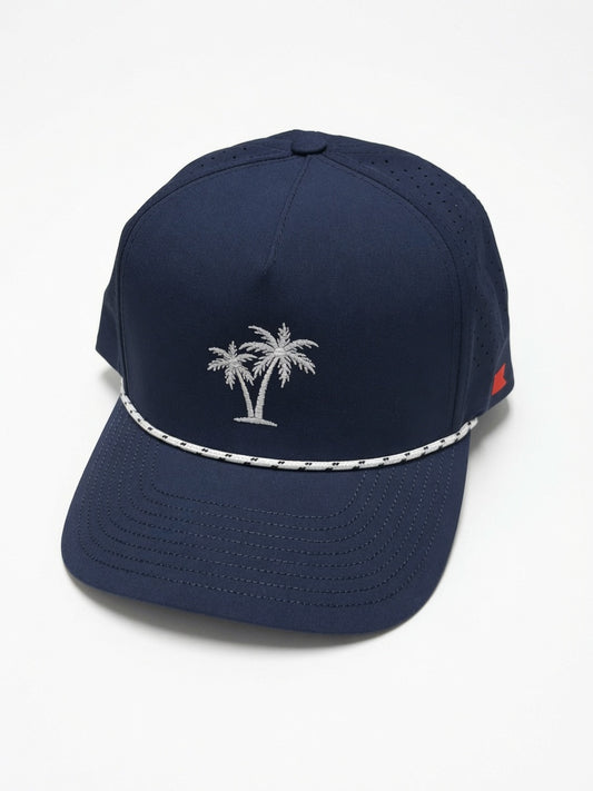 Bravo Cay rope trim hat in navy with embroidered 2 palm design