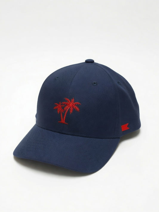 Bravo Cay hat in navy with embroidered 2 palm design in red