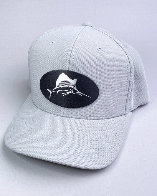 Bravo Premium hat in silver grey with sailfish design leather patch