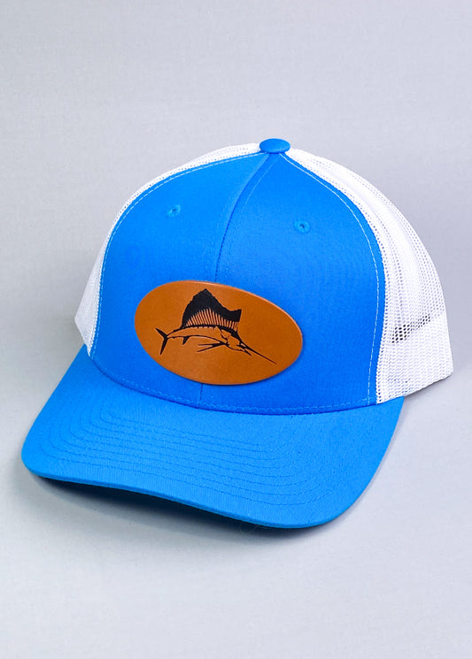 Bravo Cay hat in turquoise/white with sailfish design leather patch