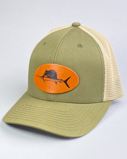 Bravo Cay hat in olive/khaki with sailfish design leather patch