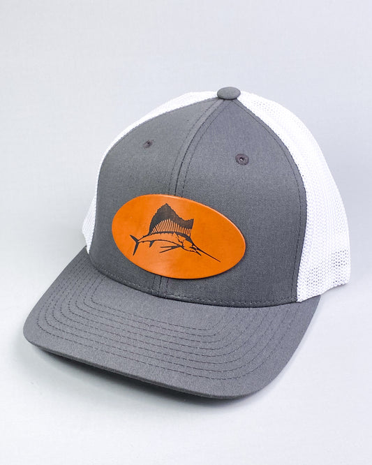Bravo Cay hat in charcoal/white with sailfish design leather patch