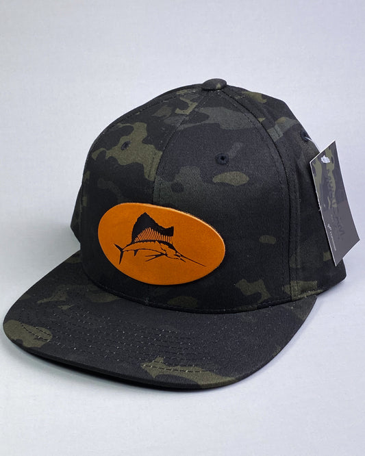 Bravo Cay hat in dark camo with sailfish design leather patch