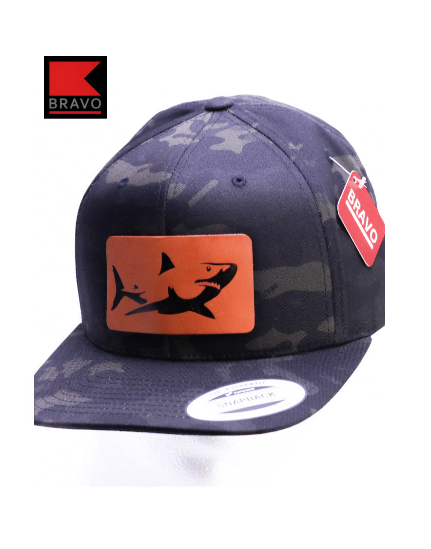Bravo Cay hat in dark camo with shark design leather patch