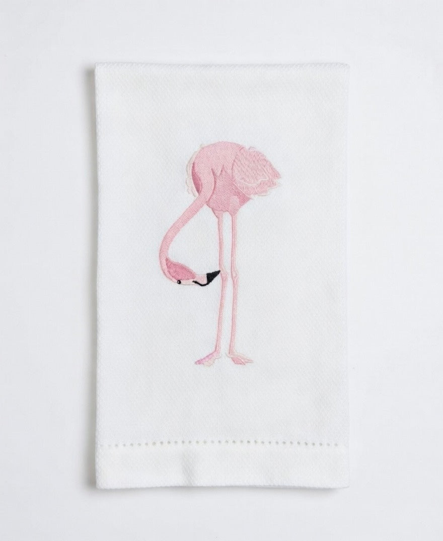 Bravo Cay Flamingo I embroidered tea towel